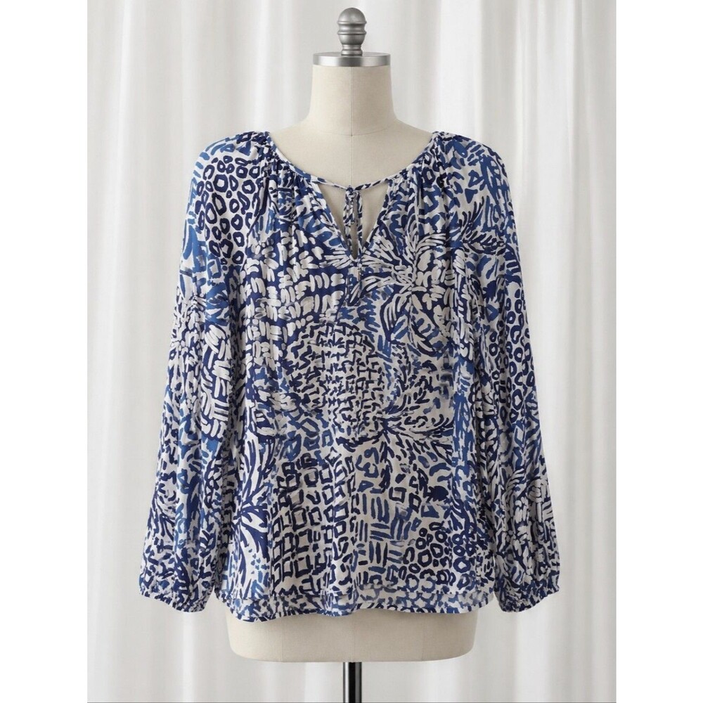 Lilly Pulitzer Willa Indigo Home Slice Long Sleeve Lightweight Resort Wear Tunic
